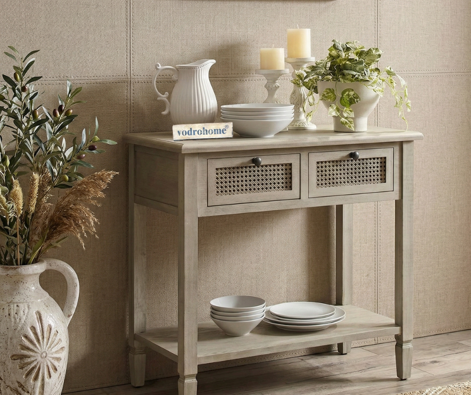 vodrohome  Raythan 2 Drawer cane consol table with open shelf for hallway - rattan console tables for entryway CO#006