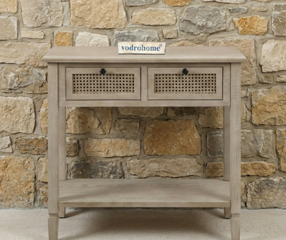 vodrohome  Raythan 2 Drawer cane consol table with open shelf for hallway - rattan console tables for entryway CO#006