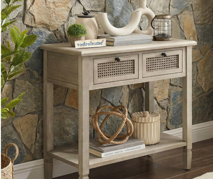 vodrohome  Raythan 2 Drawer cane consol table with open shelf for hallway - rattan console tables for entryway CO#006