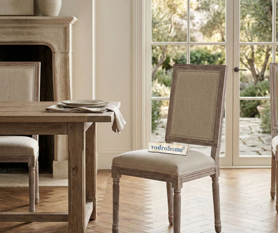 vodrohome Vintage style French chair – solid mango wood upholstered dining chair with comfortable Back Rest 19.75W×21.75D×40.5H inches CH#008