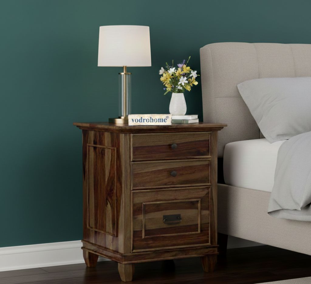 vodrohome Solid sheeham wood night stand table modern - three drawers bed side table 51x41x61 cm  S#032