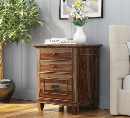 vodrohome Solid sheeham wood night stand table modern - three drawers bed side table 51x41x61 cm  S#032