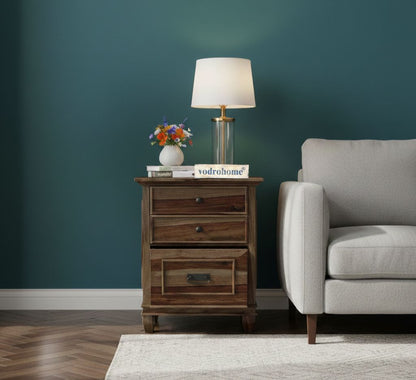 vodrohome Solid sheeham wood night stand table modern - three drawers bed side table 51x41x61 cm  S#032