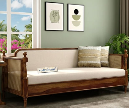Vodrohome solid sheesham wood rattan  Cane Divan Bed with Mattress – ethnic styke hand carved Indian day bed B#019