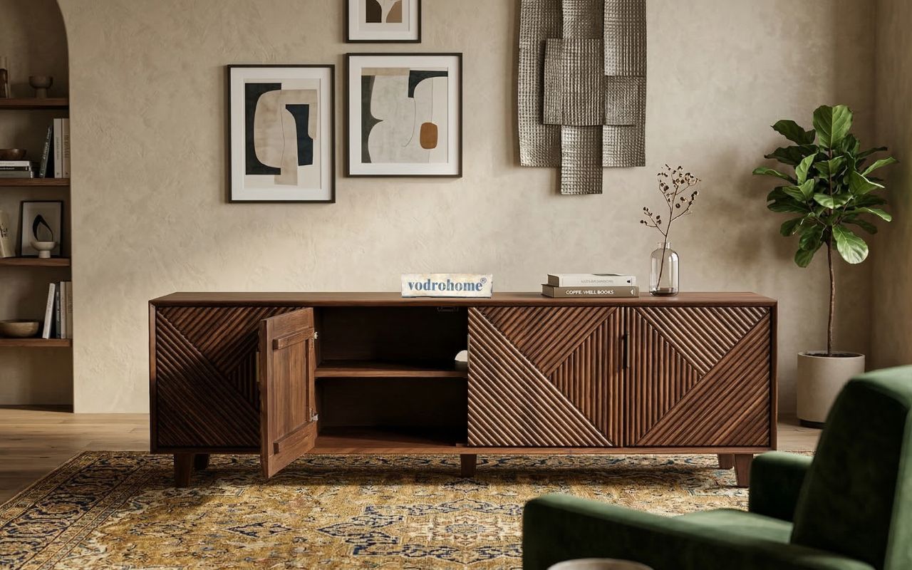 vodrohome luxury tv unit cabinet with geometrical design– solid sheesham wood tvc– tv consol table with set up box shelf  TV#014