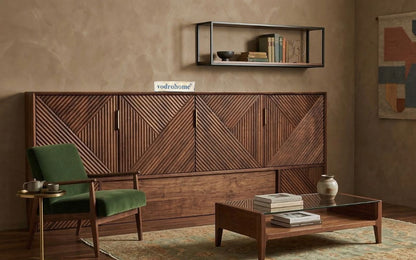 vodrohome luxury tv unit cabinet with geometrical design– solid sheesham wood tvc– tv consol table with set up box shelf  TV#014