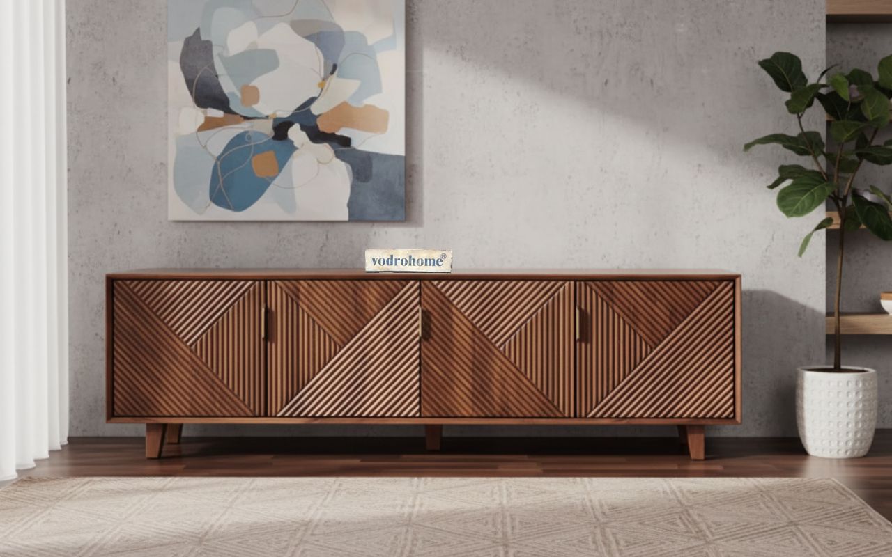 vodrohome luxury tv unit cabinet with geometrical design– solid sheesham wood tvc– tv consol table with set up box shelf  TV#014