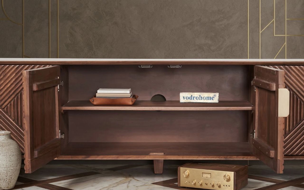 vodrohome luxury tv unit cabinet with geometrical design– solid sheesham wood tvc– tv consol table with set up box shelf  TV#014