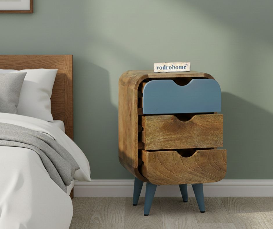 Vodrohome solid  wood mango wood bedside table – sea side bedside night stand with three drawer end table 41x35.5x61 cm  S#040