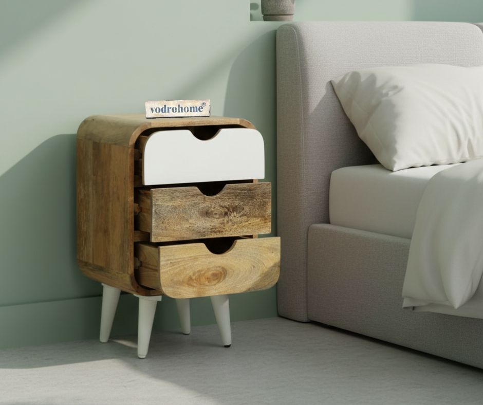 Vodrohome solid  wood mango wood bedside table – sea side bedside night stand with three drawer end table 41x35.5x61 cm  S#040