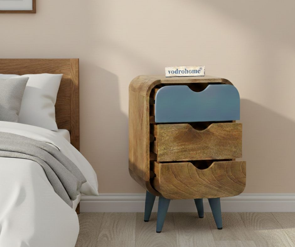 Vodrohome solid  wood mango wood bedside table – sea side bedside night stand with three drawer end table 41x35.5x61 cm  S#040
