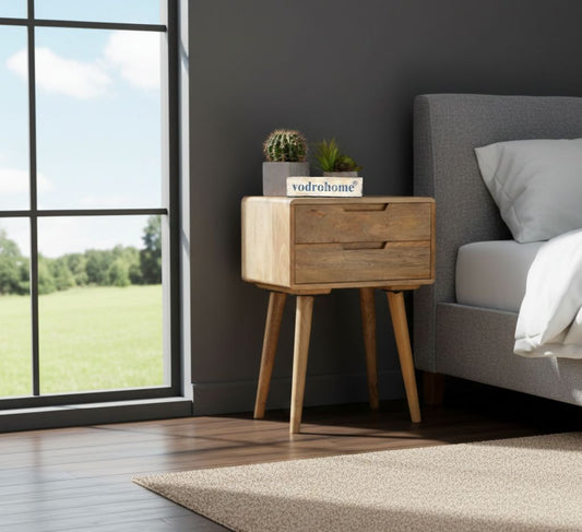 Vodrohome Solid mango wood bedside table with tapered legs - 2 drawers night stand end table 47x35x61 cm  S#028