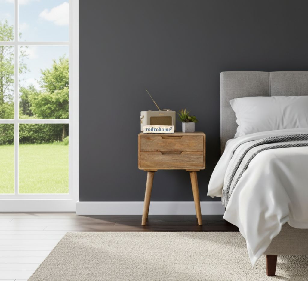 Vodrohome Solid mango wood bedside table with tapered legs - 2 drawers night stand end table 47x35x61 cm  S#028