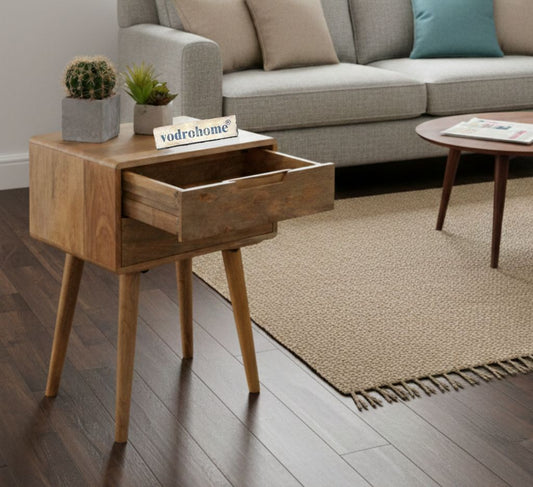 Vodrohome Solid mango wood bedside table with tapered legs - 2 drawers night stand end table 47x35x61 cm  S#028