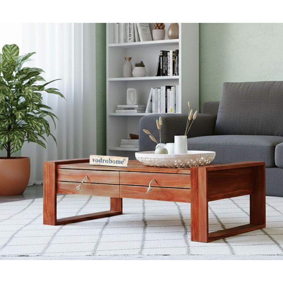 vodrohome modern design center table with two drawers for storage – solid mango wood coffee table for office and living room - sofa set table C#019