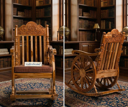 vodrohome Jodhana carved Sheesham wood chair – solid wood rocking chair with leather cushion - Recliner Chair 56 X 92 X 104 cm CH#010
