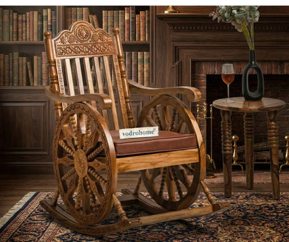 vodrohome Jodhana carved Sheesham wood chair – solid wood rocking chair with leather cushion - Recliner Chair 56 X 92 X 104 cm CH#010