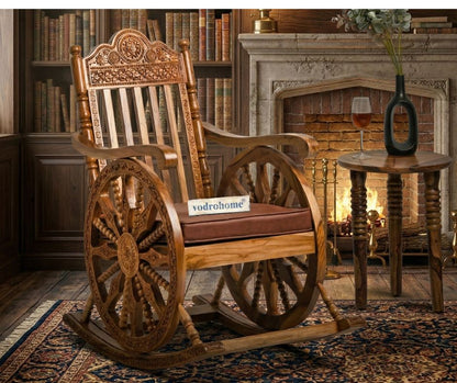 vodrohome Jodhana carved Sheesham wood chair – solid wood rocking chair with leather cushion - Recliner Chair 56 X 92 X 104 cm CH#010