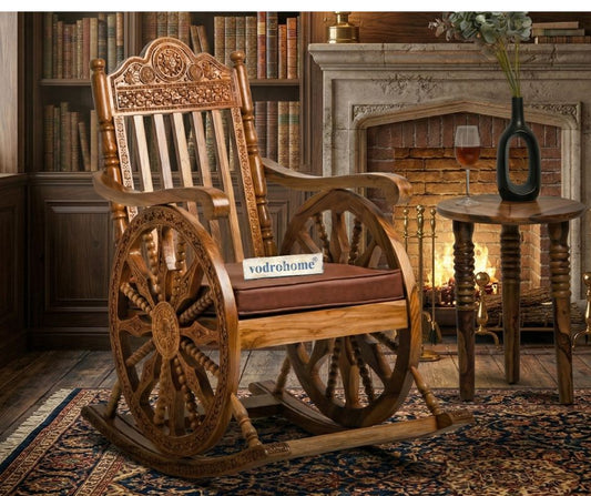 vodrohome Jodhana carved Sheesham wood chair – solid wood rocking chair with leather cushion - Recliner Chair 56 X 92 X 104 cm CH#010