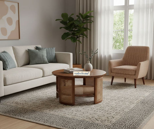 vodrohome Rattan Coffee Table – cane center table with cane shelf for storage – bohemian solid Sheesham wood coffee table for office and living room C#035