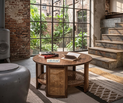 vodrohome Rattan Coffee Table – cane center table with cane shelf for storage – bohemian solid Sheesham wood coffee table for office and living room C#035