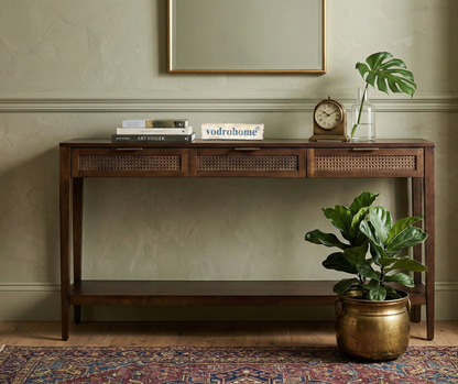 vodrohome Rattan Inspired Drawer Console – acacia wood 3 drawer consol – consol with open shelf – entryway table CO#008