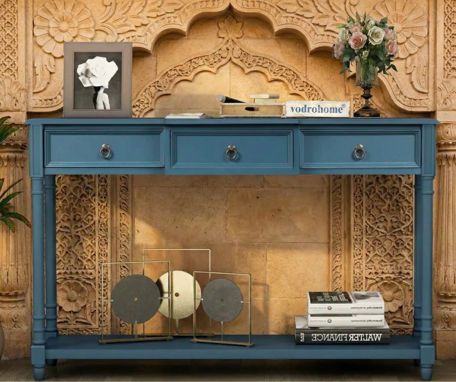 vodrohome® Modern Console Table with Storage Drawers – blue mango wood 3 drawer consol with designer tapered legs – entryway / hallway table CO#003
