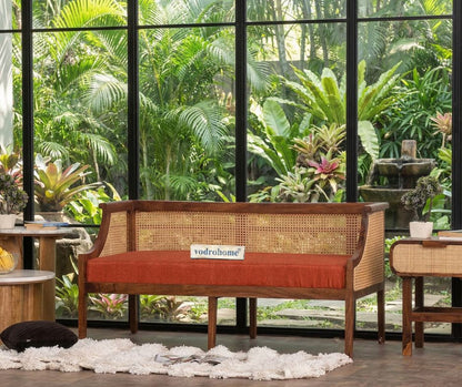 vodrohome two seater rattan cane sofa with wooden frame teak finish| fabric lounge sofa | cotton linen sofa SO#023
