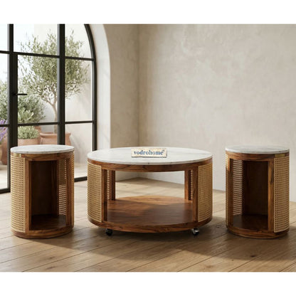 vodrohome rattan coffee table with wheels– sheesham wood marble top coffee table C#076