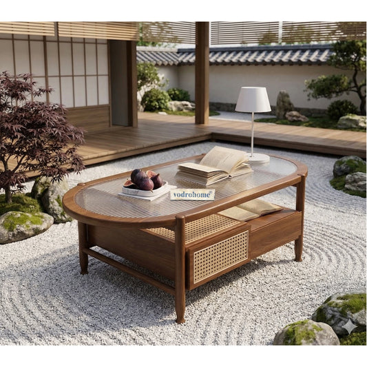 vodrohome Rattan Coffee Table – cane center table with storage drawer and fluted glass – bohemian solid Acacia wood coffee table for office and living room C#086