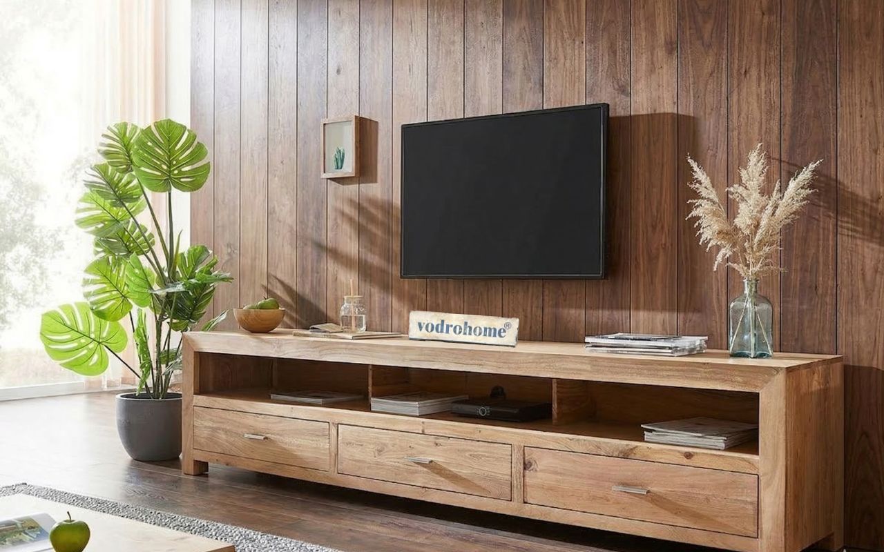 vodrohome tv unit cabinet with 3 drawers – solid sheesham wood entertainment unit - tv consol table with open set up box shelf 175 x 41 x 43 cm  TV#024