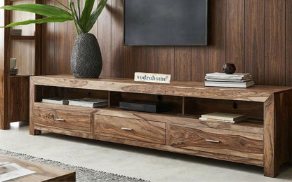 vodrohome tv unit cabinet with 3 drawers – solid sheesham wood entertainment unit - tv consol table with open set up box shelf 175 x 41 x 43 cm  TV#024