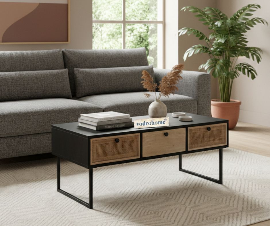 vodrohome rattan coffee table - center table with six & three drawers for storage – solid sheesham wood coffee table for office and living room C#020A