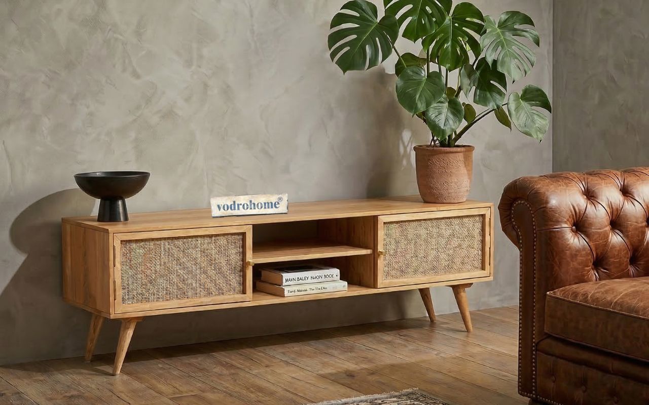 vodrohome modern tv unit cabinet– solid mango wood tvc 2 cupboards – tv consol table with set up box shelf  TV#013