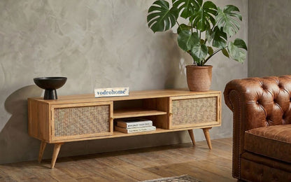 vodrohome modern tv unit cabinet– solid mango wood tvc 2 cupboards – tv consol table with set up box shelf  TV#013