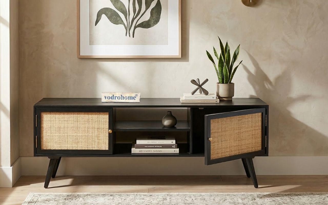 vodrohome modern tv unit cabinet– solid mango wood tvc 2 cupboards – tv consol table with set up box shelf  TV#013