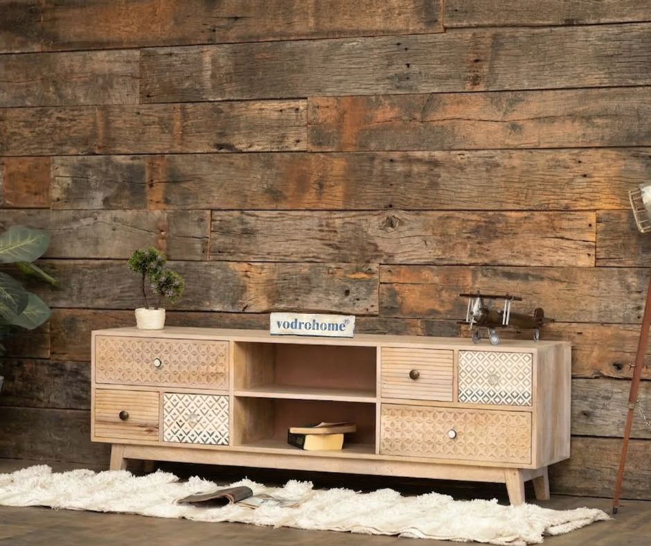 vodrohome ajenta classic tv unit cabinet – solid mango wood TV unit with six drawers and removable set up box shelf 160x35x50 cm TV#001