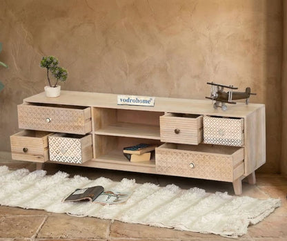 vodrohome ajenta classic tv unit cabinet – solid mango wood TV unit with six drawers and removable set up box shelf 160x35x50 cm TV#001