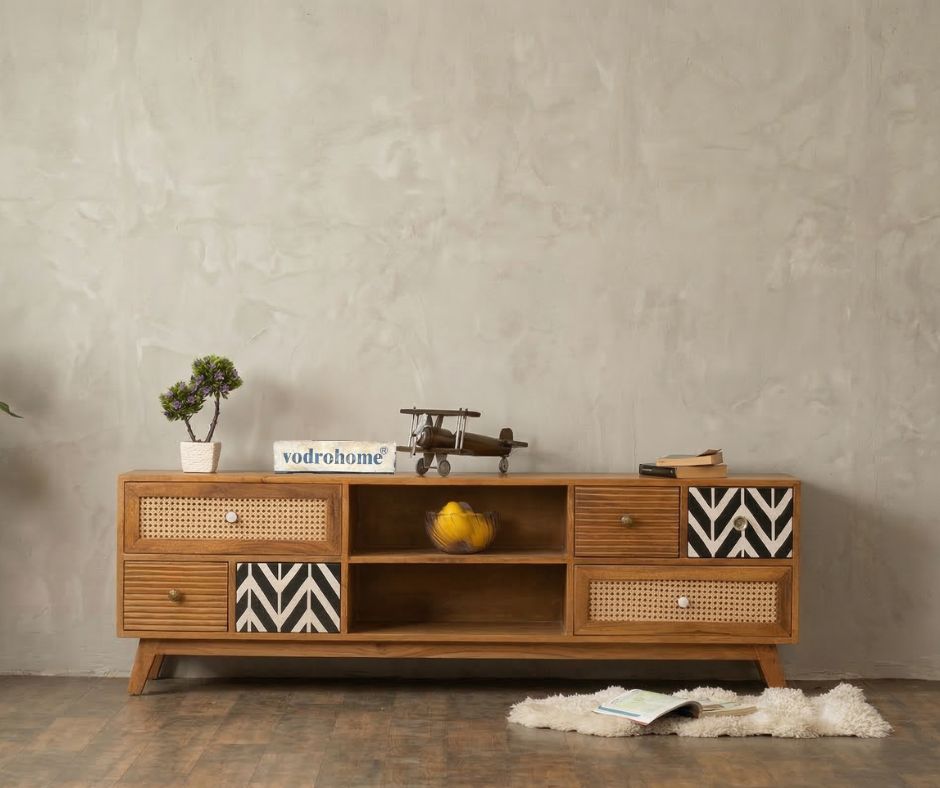 vodrohome Rattan cane tv unit cabinet – solid mango wood TV unit with six drawers 160x35x50 cm TV#002