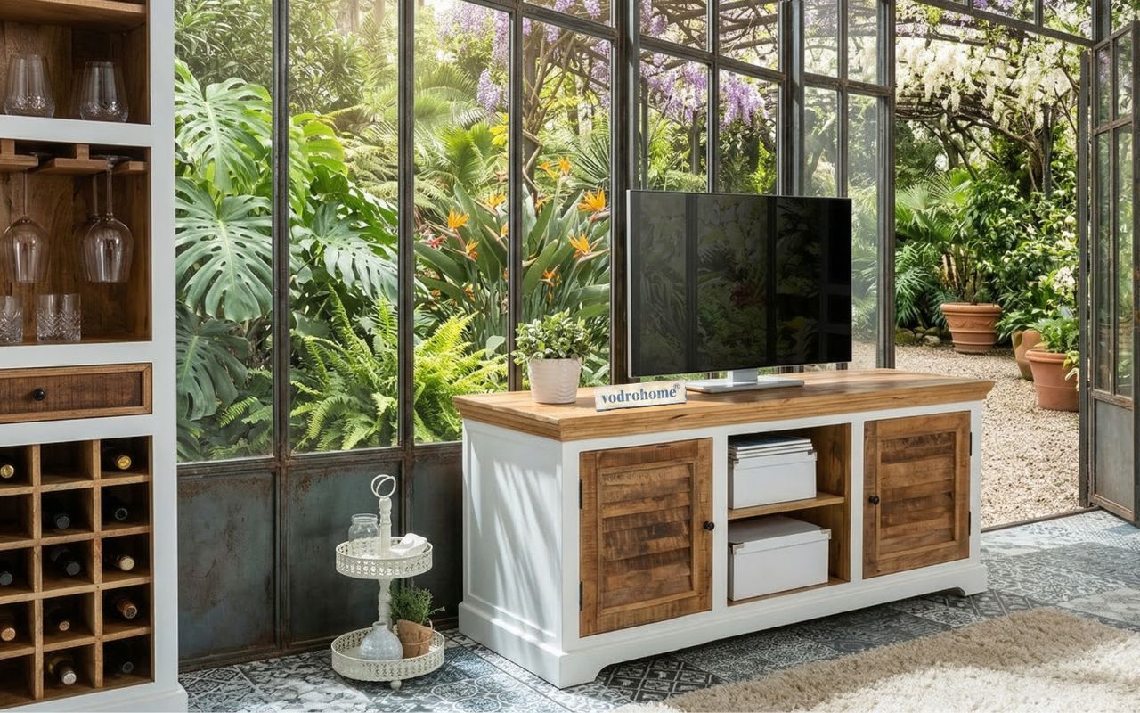 vodrohome white wave solid wood TV cabinet two door storage unit| entertainment unit table with set up box shelf (Tv unit) 160x70x45 CM TV#017