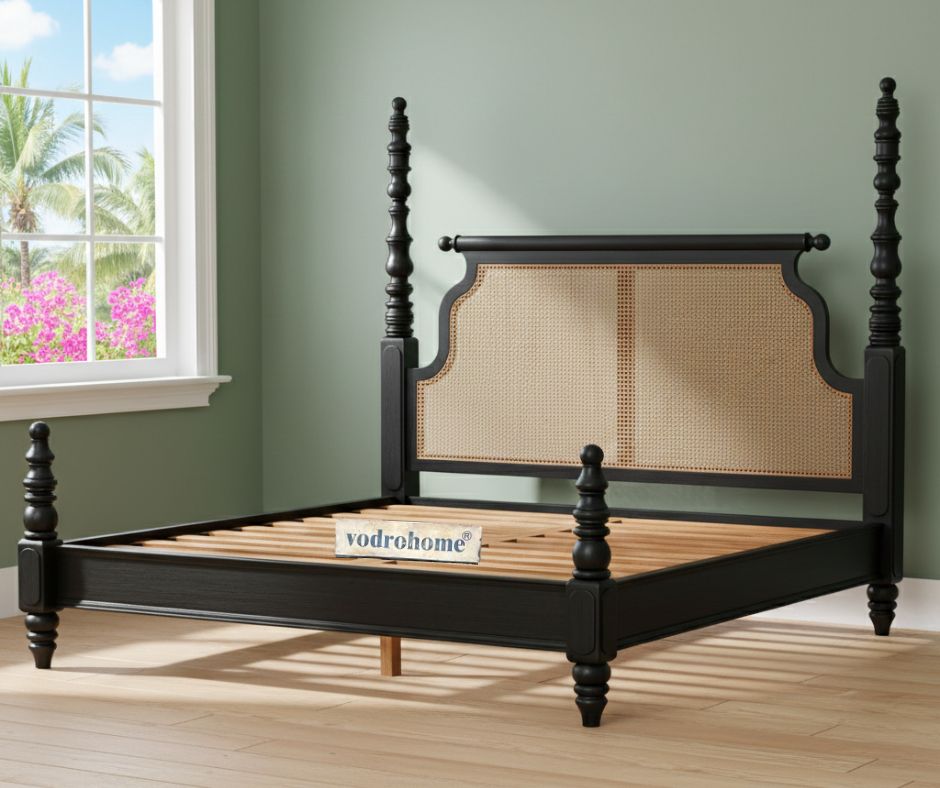Vodrohome Ashley Solid Wood Rattan Poster Bed with Carving (Natural cane & Black) B#017