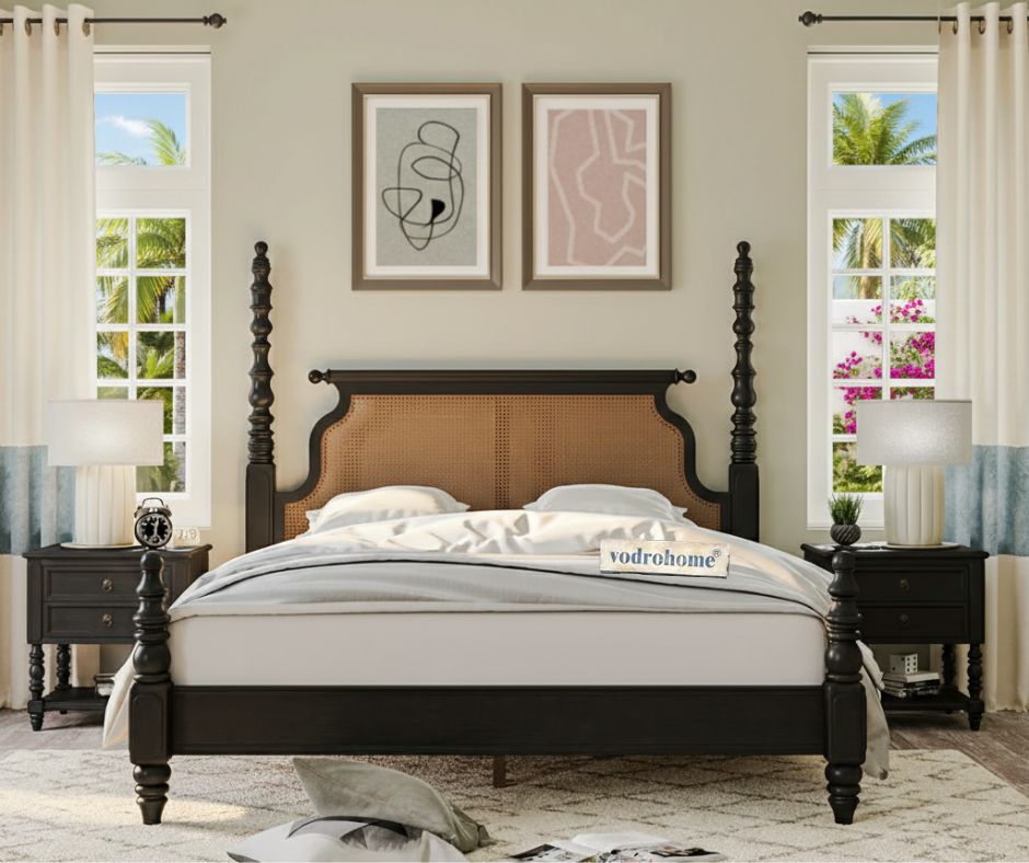 Vodrohome Ashley Solid Wood Rattan Poster Bed with Carving (Natural cane & Black) B#017