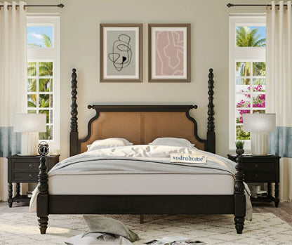 Vodrohome Ashley Solid Wood Rattan Poster Bed with Carving (Natural cane & Black) B#017