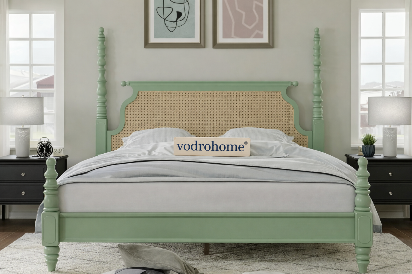 vodrohome Ashley Solid Wood Rattan Poster Bed With Carving B#020