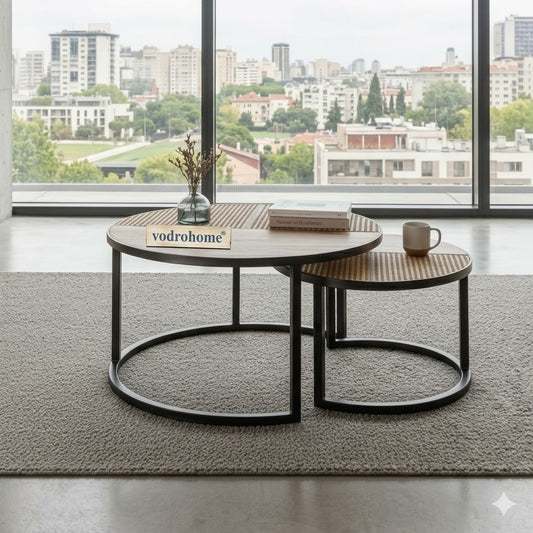 vodrohome cane nesting coffee table - rattan round centre table with storage – set of 2 mango wood center table  C#048