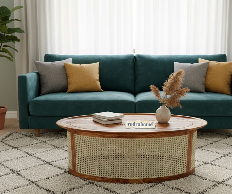 vodrohome Rattan Coffee Table – cane center table with shelf for storage – bohemian solid Sheesham wood coffee table for office and living room C#062