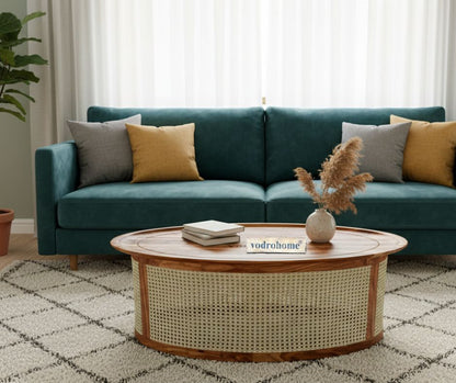 vodrohome Rattan Coffee Table – cane center table with shelf for storage – bohemian solid Sheesham wood coffee table for office and living room C#062