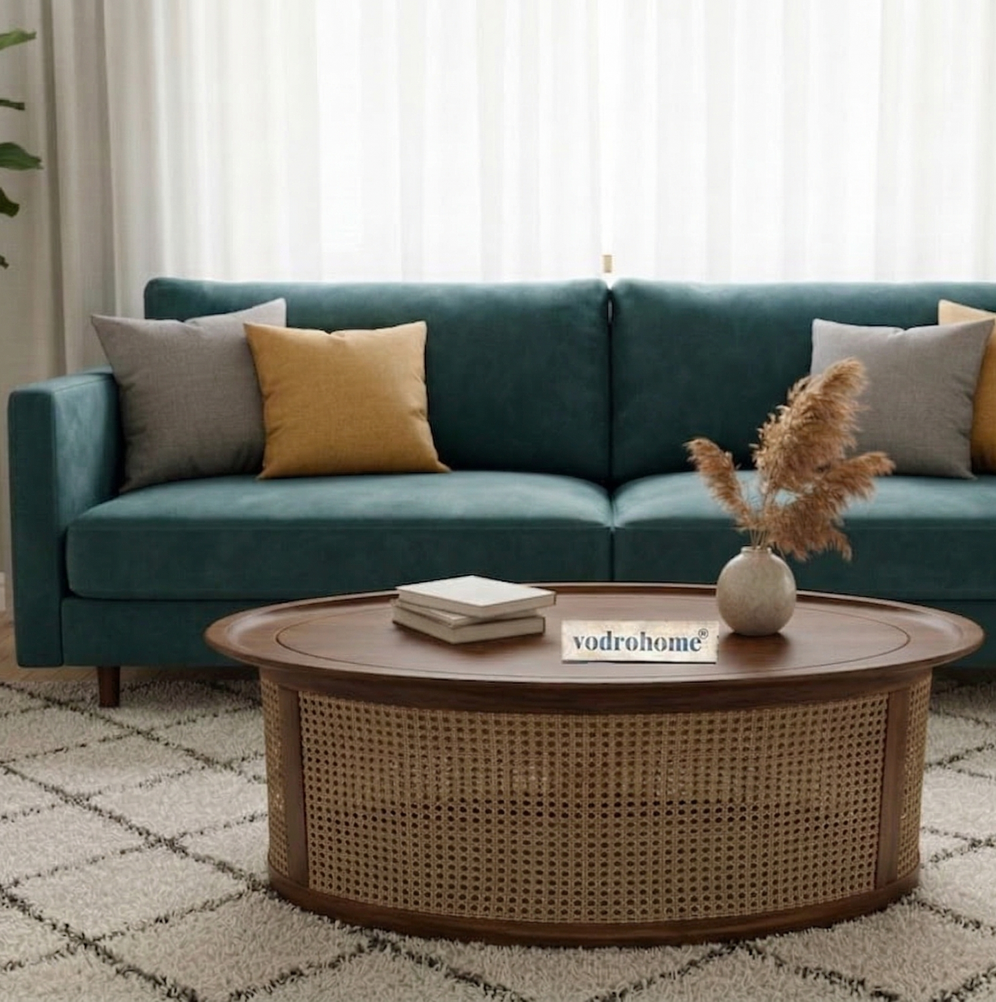 vodrohome Rattan Coffee Table – cane center table with shelf for storage – bohemian solid Sheesham wood coffee table for office and living room C#062
