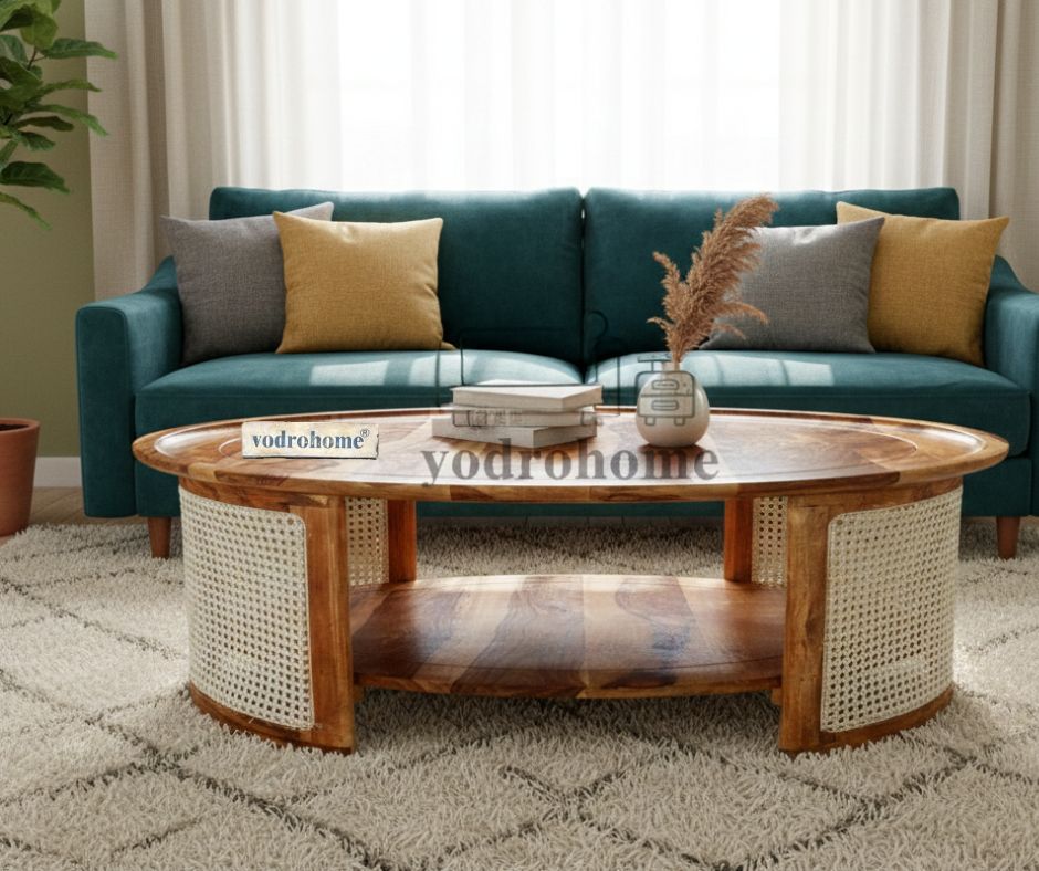 vodrohome Rattan Coffee Table – cane center table with shelf for storage – bohemian solid Sheesham wood coffee table for office and living room C#062