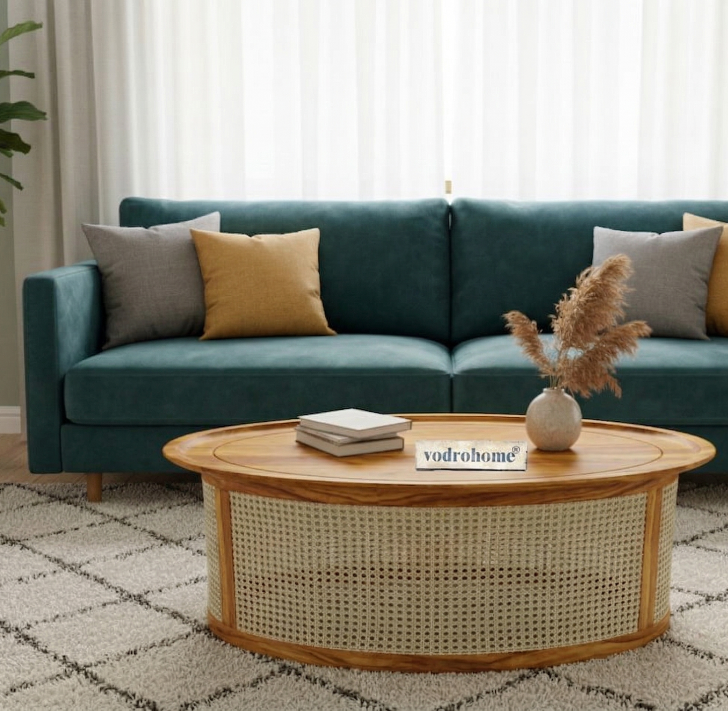vodrohome Rattan Coffee Table – cane center table with shelf for storage – bohemian solid Sheesham wood coffee table for office and living room C#062